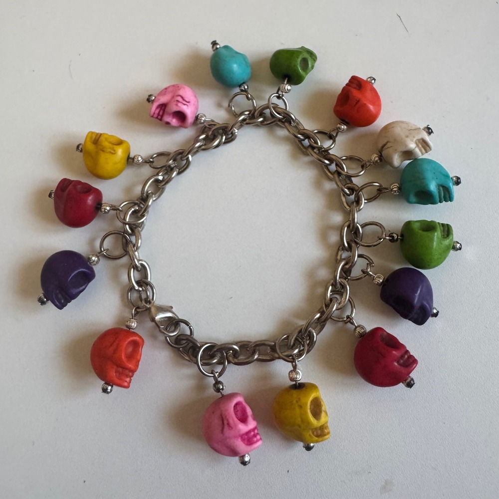 Multicolor Skull Charm Bracelet Silver Tone Curb Chain Gothic Punk Jewelry 7in